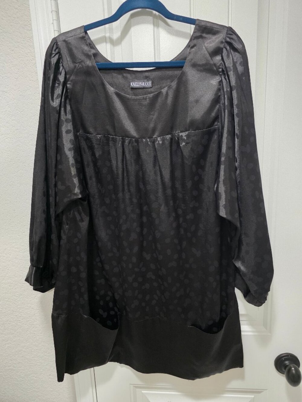 Kaelyn Max II 1X Black Tunic Mini Shirt Dress POCKETS Satin Long Sleeve